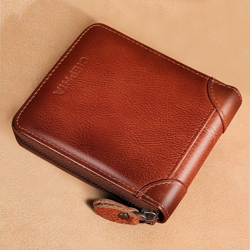 TEMU Cierhia Vintage Layer Cowhide Wallet With Rfid Blocking Protection - Slim Brown Clutch With Zipper, Id & Credit Card Holder, Coin Pocket - Ideal