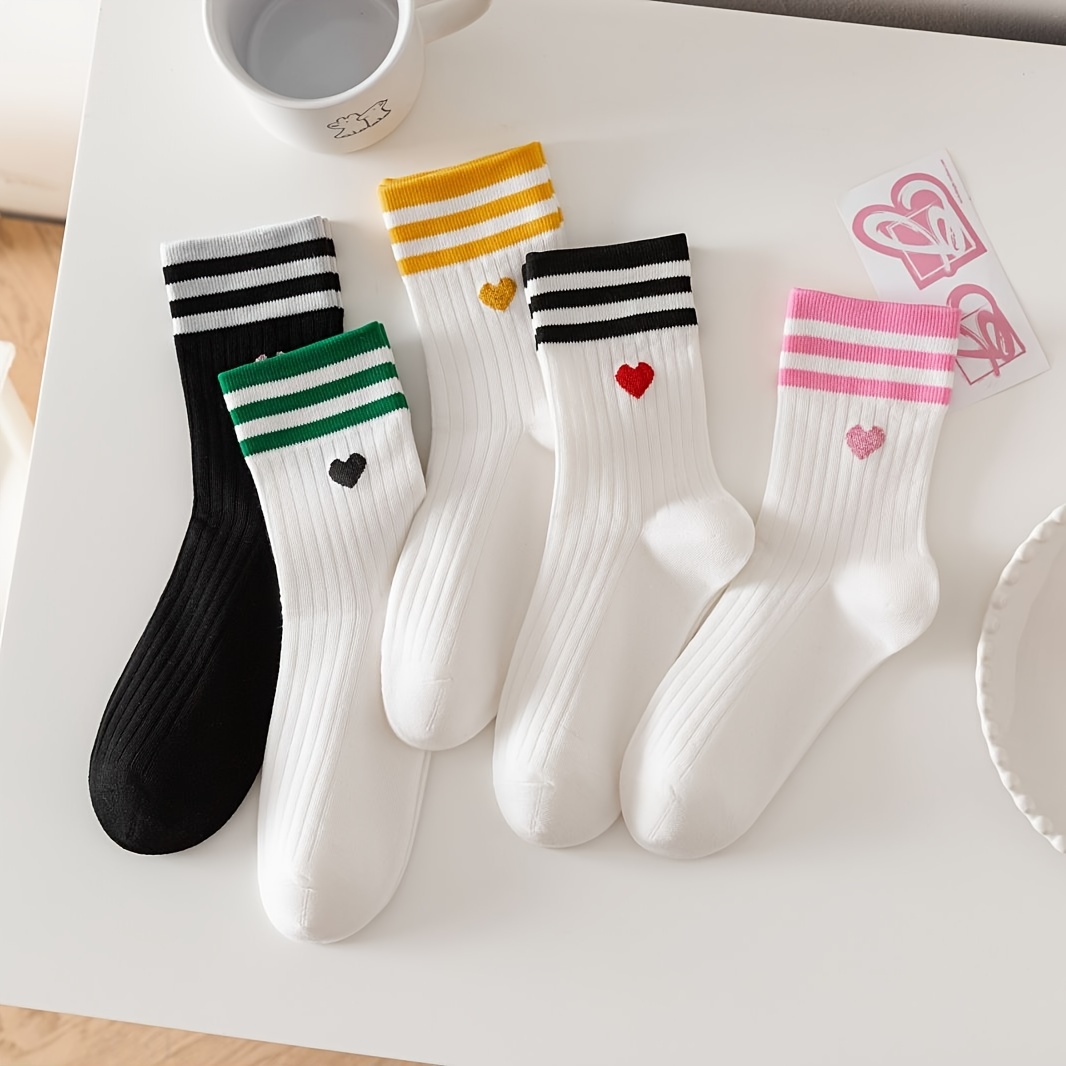 

5 Pairs Heart & Striped Socks, College Style Sports Mid Tube Socks, Women's Stockings & Hosiery