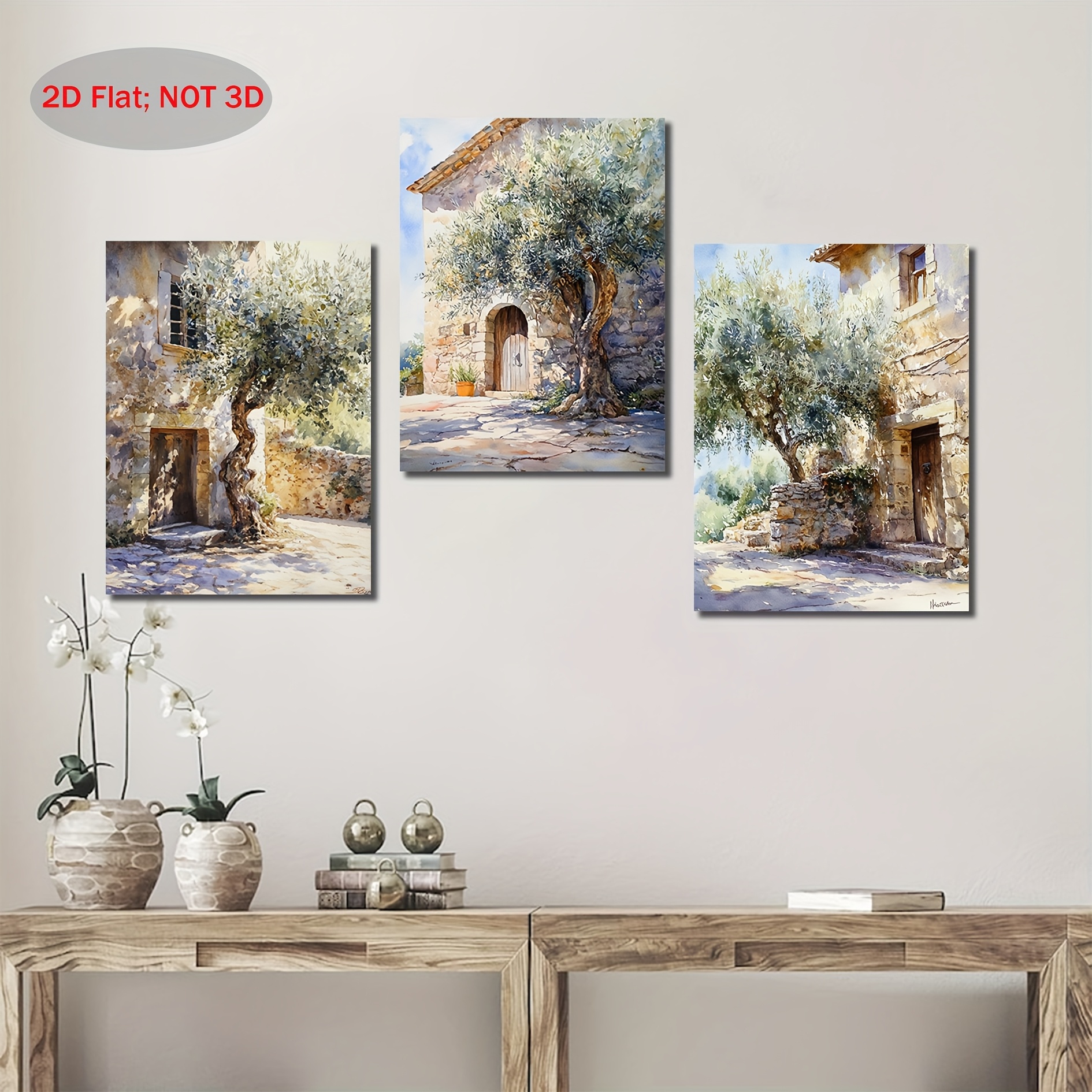 item picture 2d flat 2d flat 3pcs canvas wall art with wooden frame rustic olive trees and stone houses canvas painting   mediterranean scenery vivid wall decor for living room or bedroom holiday gift olive tree decorative art with wooden frame