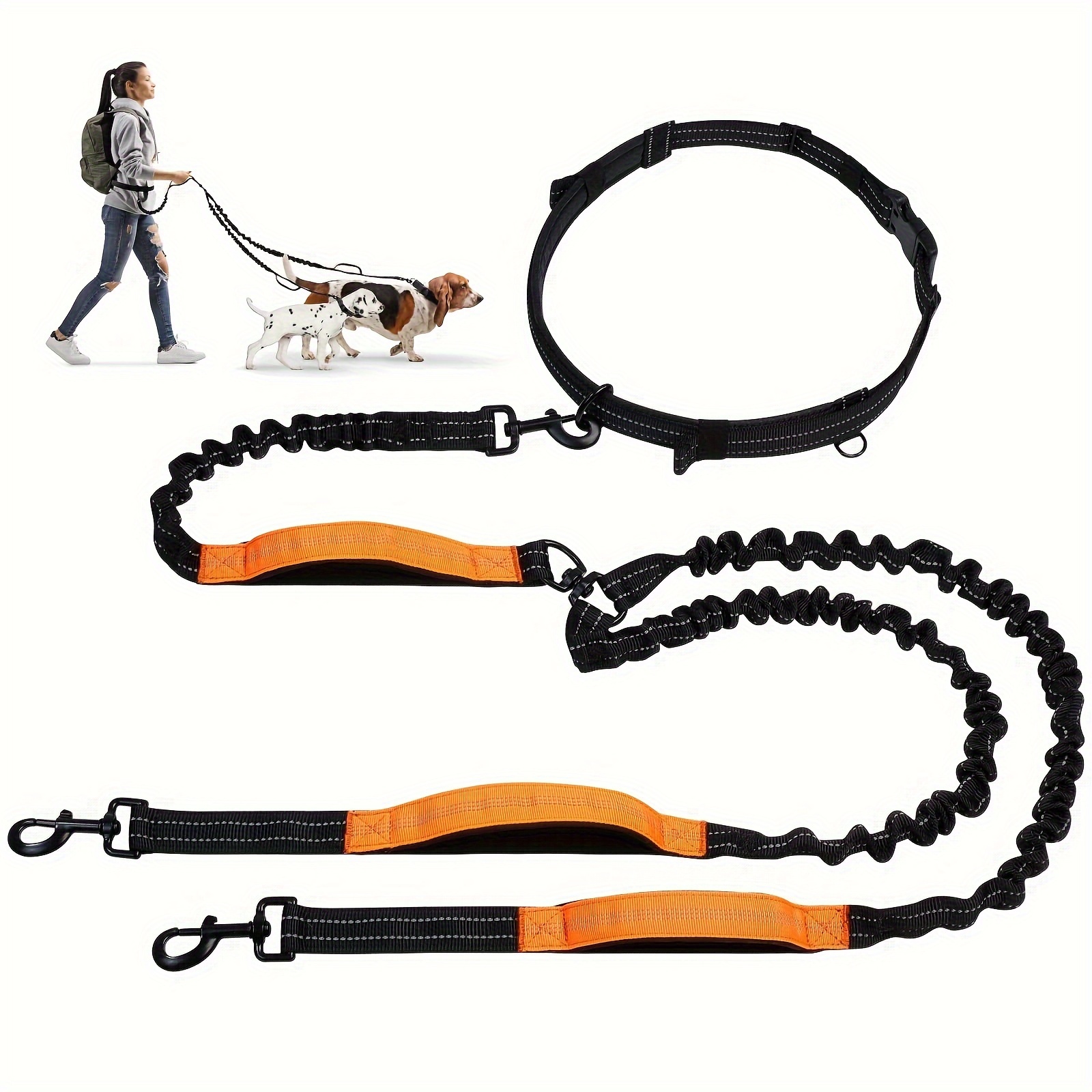 

Hands Free Dog Leash For 2 Dogs, Reflective Running Dog Leash With Padded Handle And Strong Bungees, Adjustable Waist Belt For Walking Jogging Hiking
