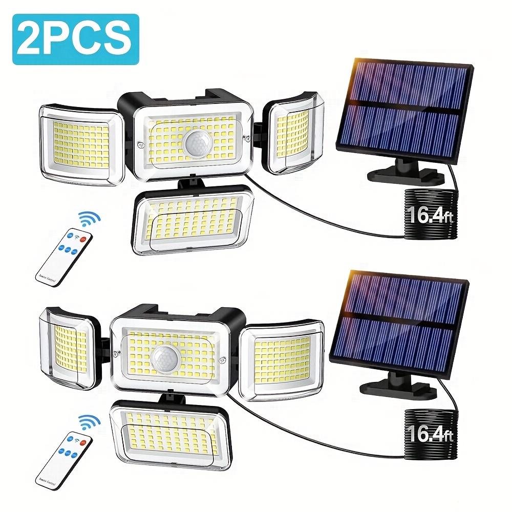 TEMU 2/4pcs Lampes Solaires d'Extérieur à Détection de Mouvement avec Télécommande, 288LED Lampe Murale Solaire avec 4 d'Éclairage, Projecteur de