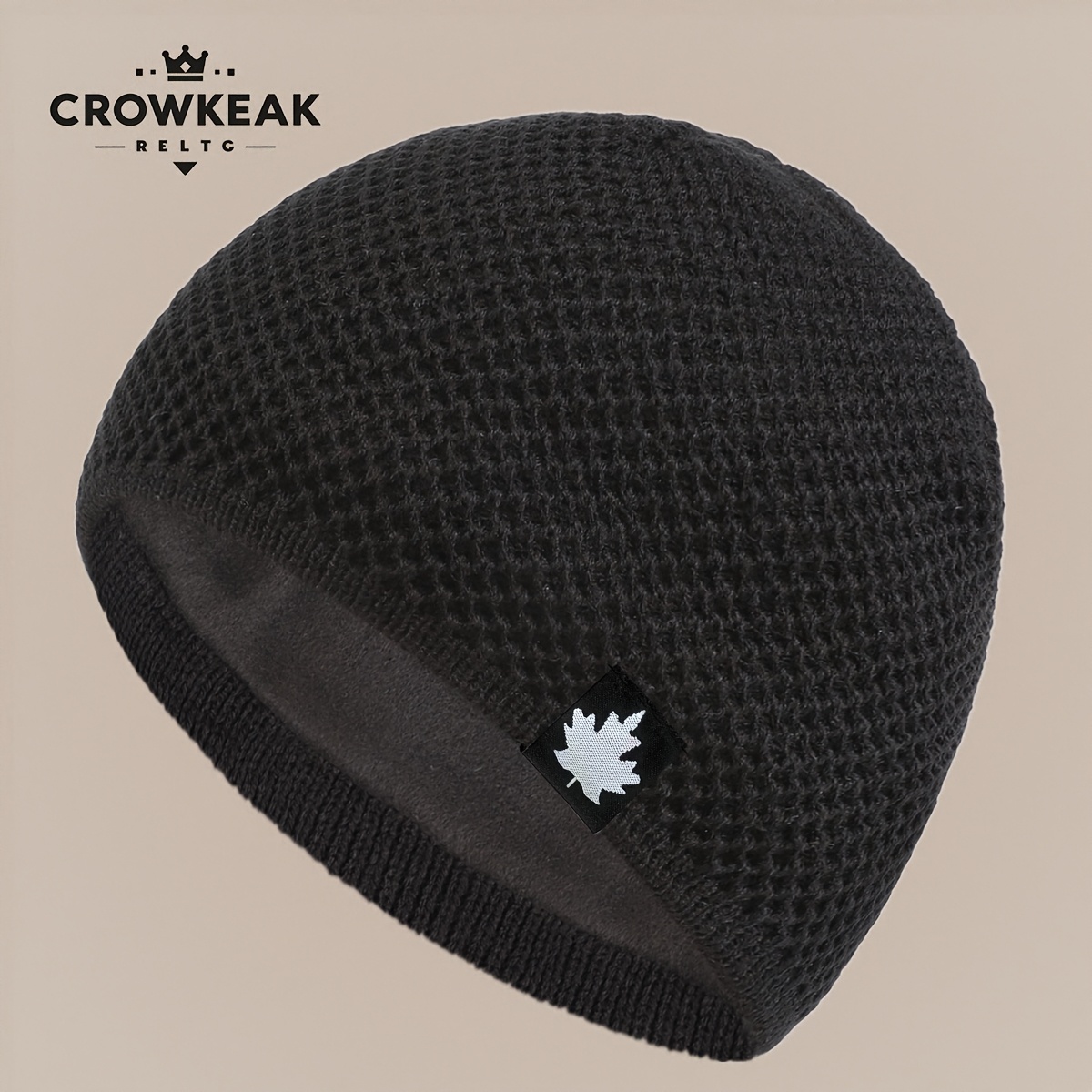 TEMU 1pc Maple Leaf Label Beanie, With Plush -lined Thickened Interior For Autumn/, Comfortable And Warm Skull Cap, Winter Ski Hat, Papa Trucker Hat,