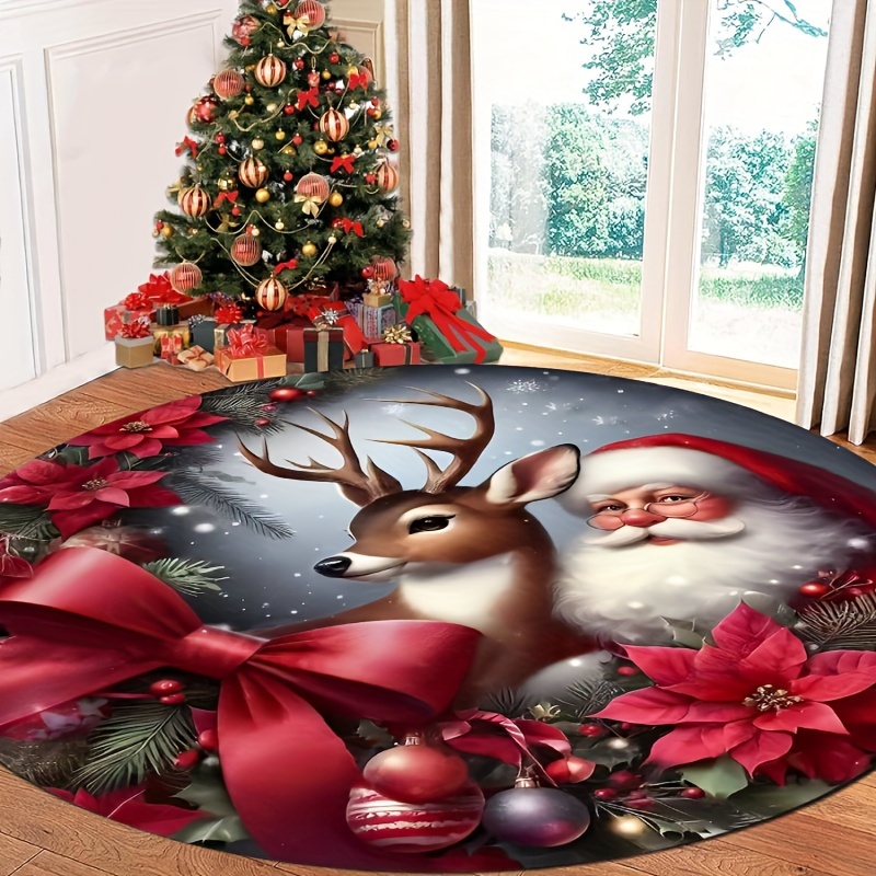 

Santa & Reindeer Christmas Round Rug - Soft, Non-slip, Stain-resistant Floor Mat For Living Room, Bedroom, Or Gaming Area