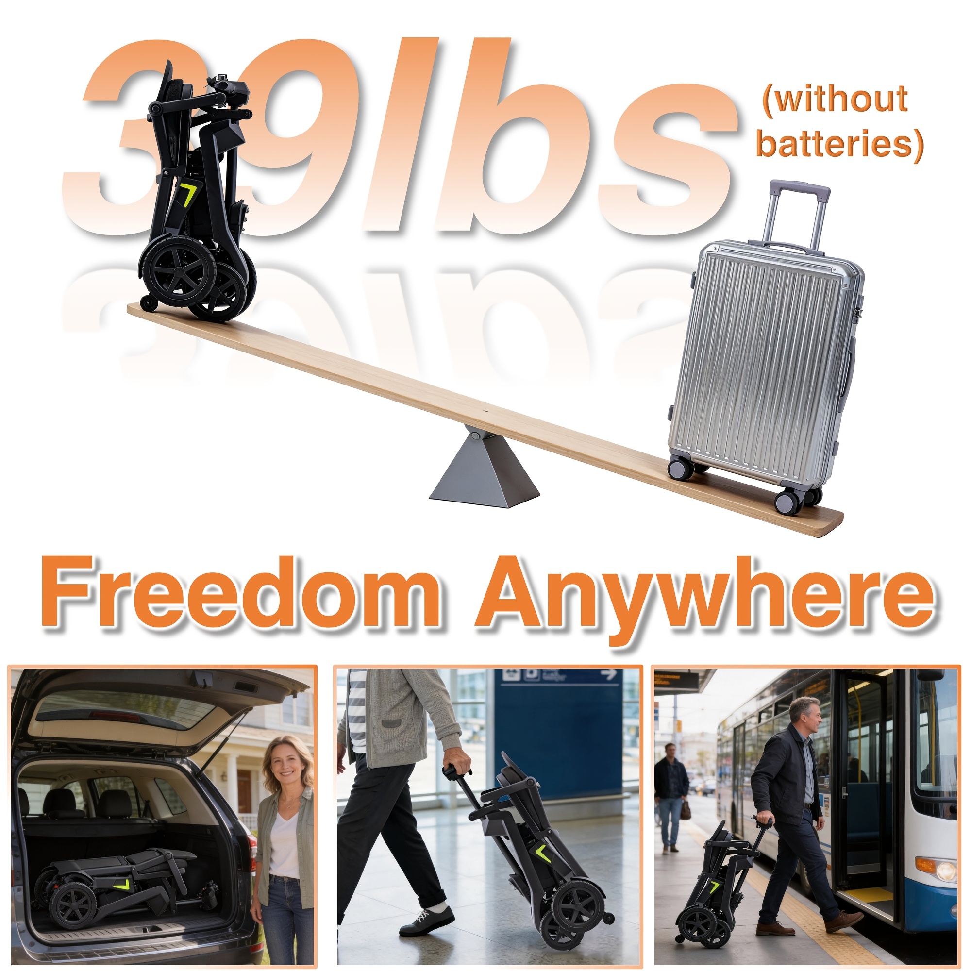 a lightweight, foldable four-wheeled electric mobility scooter suitable for seniors and adults,   with dual removable batteries, meeting air travel  , offering a long range, and a   of 5 mph Product details 3