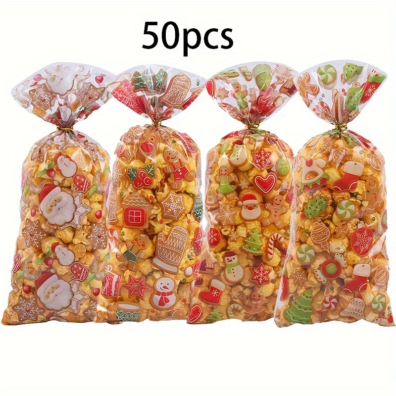 TEMU 50-pack Holiday Gift Bags - Transparent Polypropylene Cellophane With Santa, Snowflakes, Candy Canes, And Stockings Designs - Twist Tie Packaging For Snacks,  , And Candy