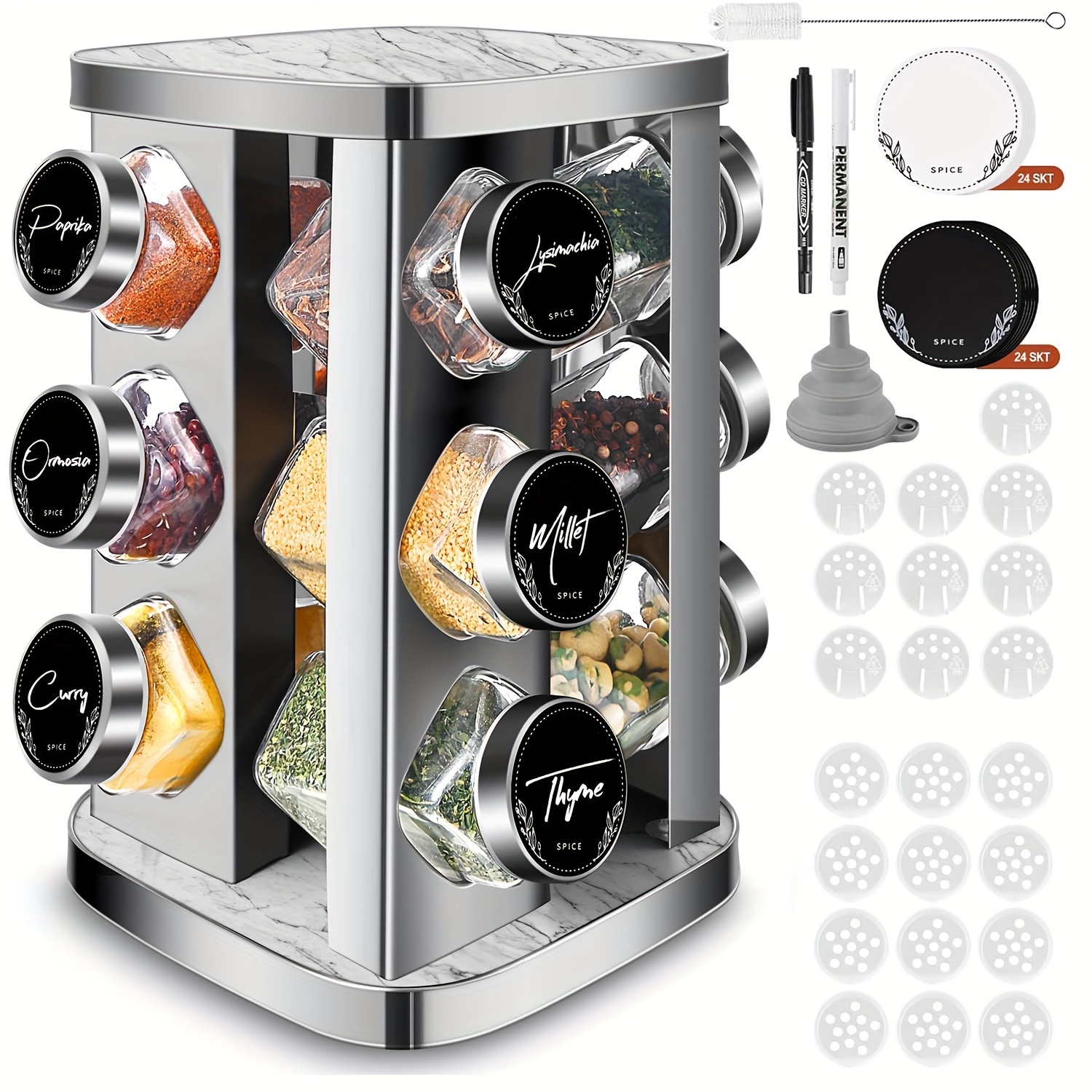 

Miorkly Spice Rack With 12 Spice Jars Square, 360° Rotatable Stainless Steel Spice Carousel, Spice Organiser, Spice Rack Standing, Marble Strip Lid, Spice Jars With Sprinkling Insert,