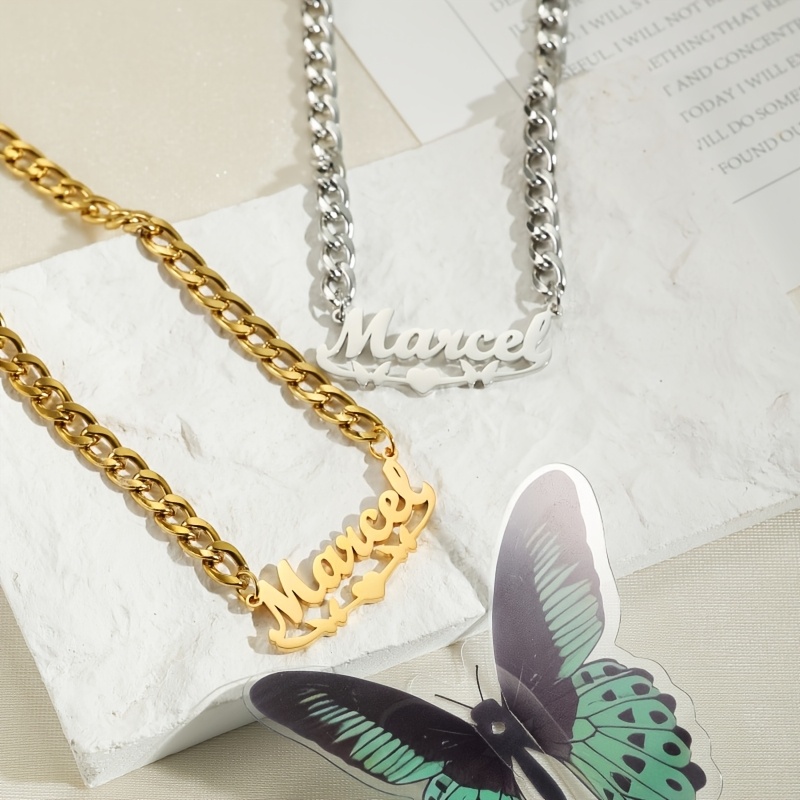 Custom Name Pet Necklace with Butterfly and Heart Pattern ID Tag