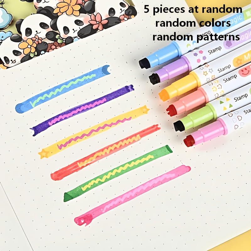 TEMU Random 5-pack Creative Double-tip -changing Stamp Pens, Random Colors And Patterns, High-capacity Fluorescent Markers For Student Highlighting