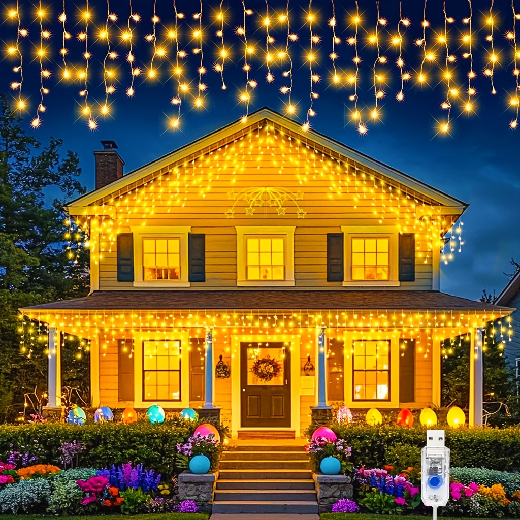 TEMU Luces de tejado navideñas, guirnalda de luces de carámbanos USB de 6 m 101 LED/10 m 200 LED con 10 de iluminación, , , multicolor, IPX4, luces