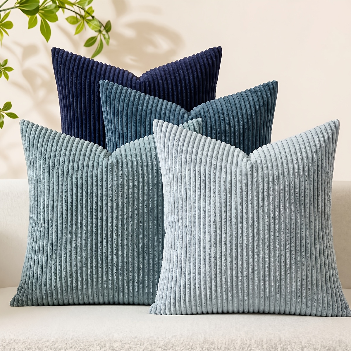 TEMU 4pcs, Housses de coussin bohèmes vintage, esthétique, en velours côtelé rayé avec fermeture éclair cachée, 16×16/18×18/20×20 pouces, housses de
