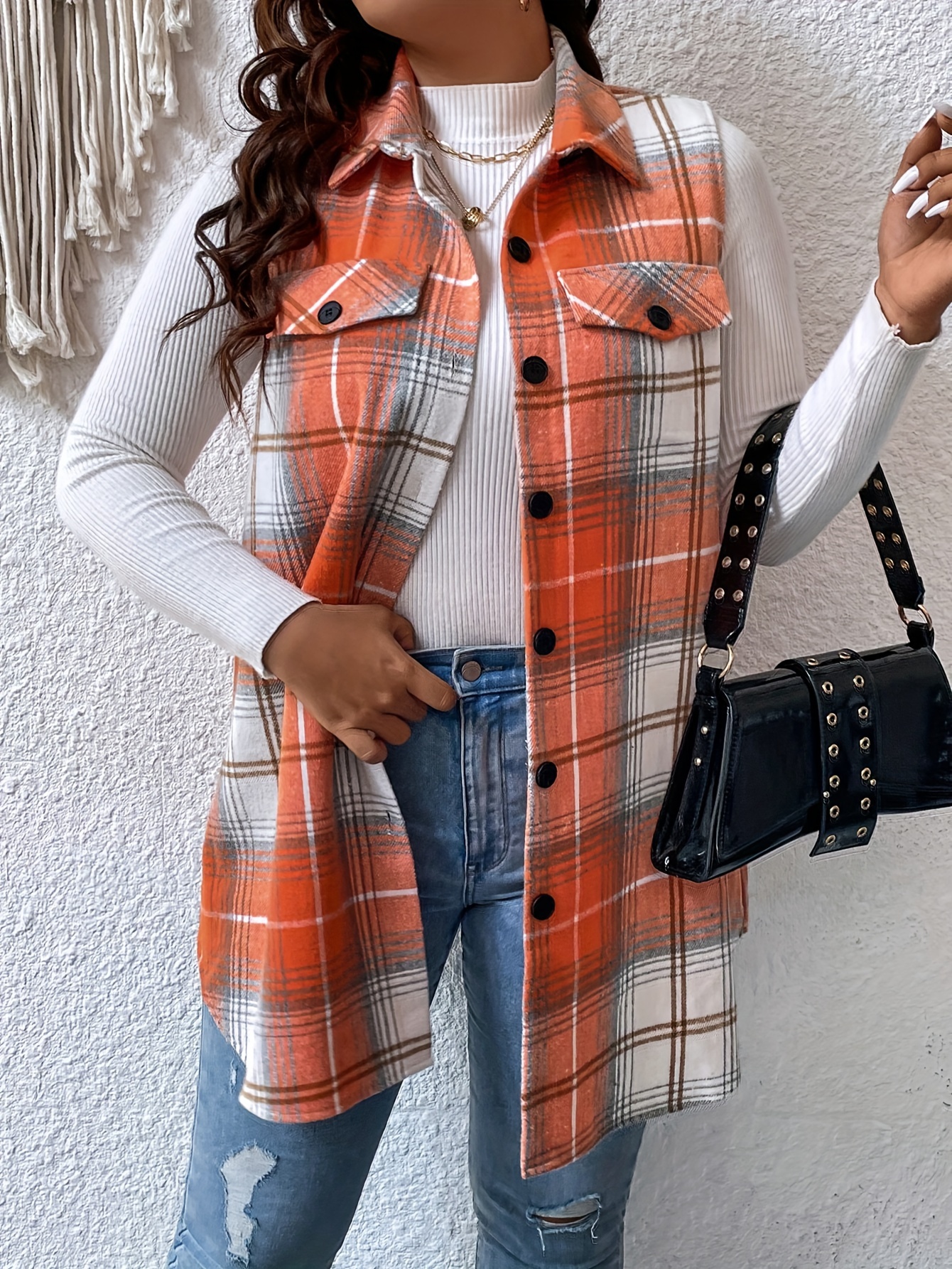 Plus Size Plaid Pattern Button Front Vest, Casual Sleeveless Flap Detail Gilet Jacket For Fall & Spring, Women's Plus Size Clothing