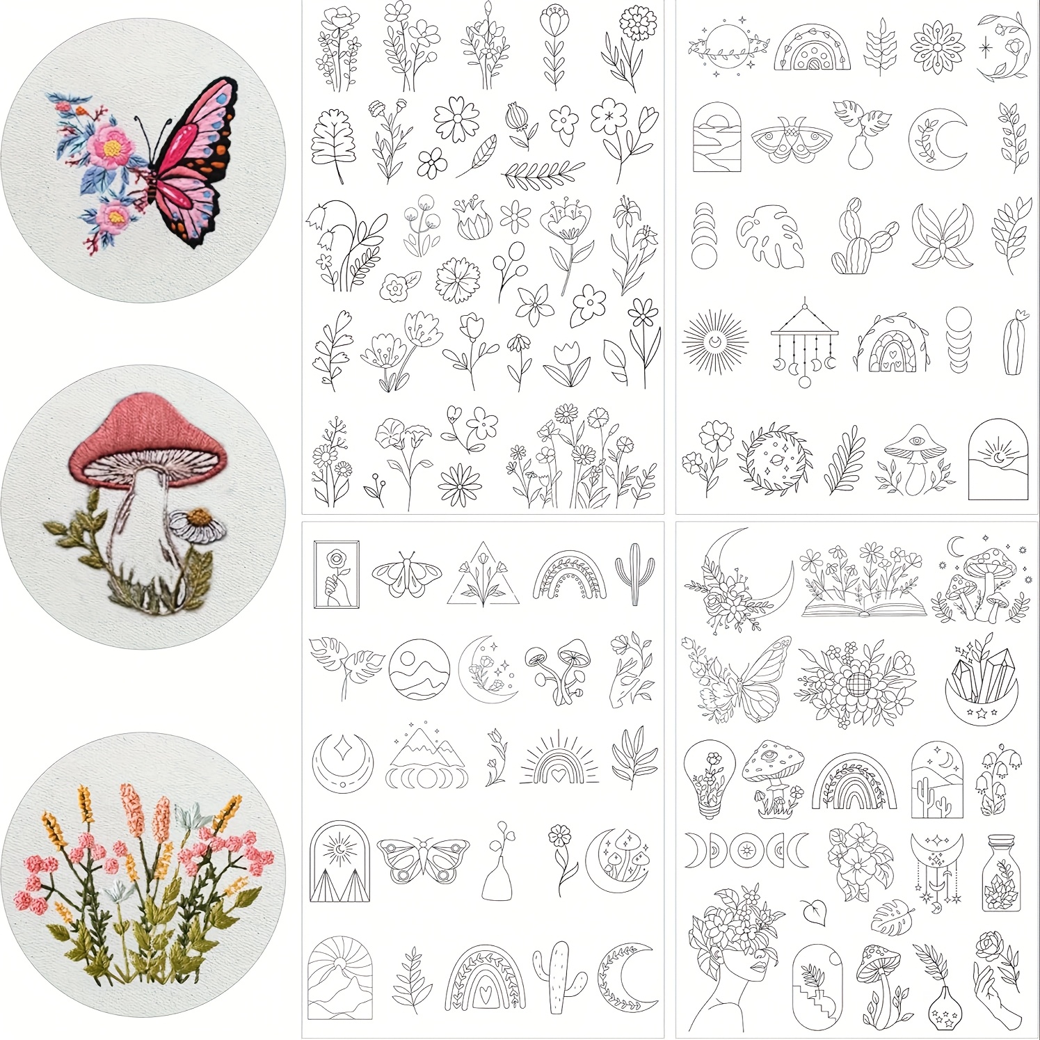 100pcs Mushroom Flower Pre-printed Water Soluble Embroidery Set, Embroidery Pattern Suitable For Diy Sewing And Knitting Enthusiasts