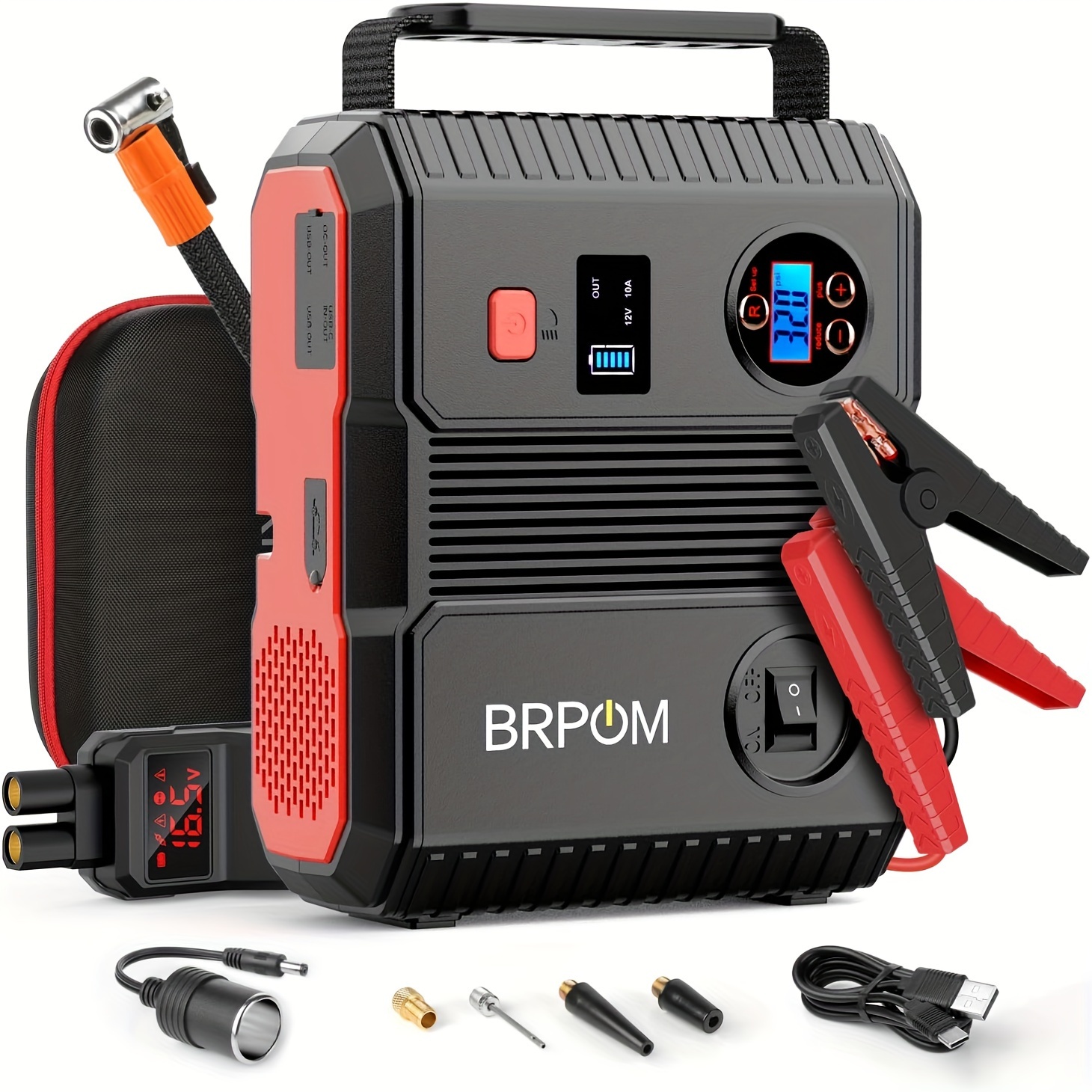 

Brpom Car Battery Starter, 24000mah Emergency Car Starter With 150psi Portable Air Compressor (all Gas Or 8.0l Diesel) 12v , Power Bank/clip With Display