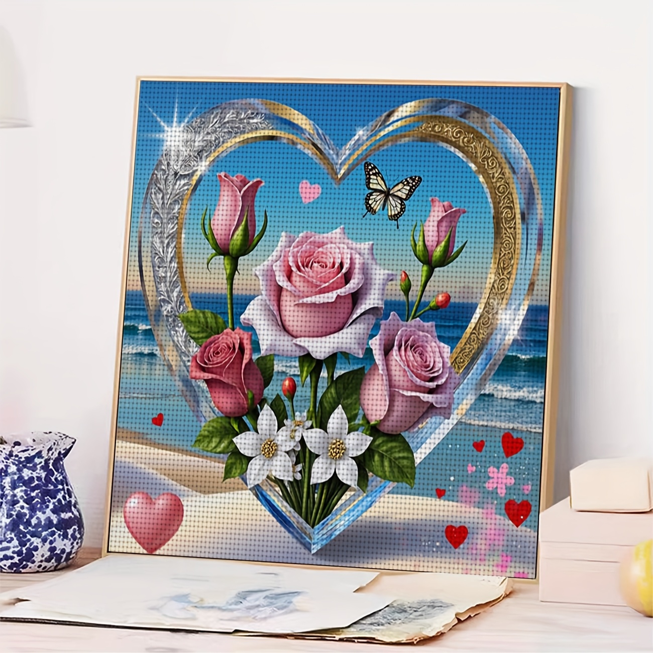 Printed DIY Cross Stitch Kit, Frameless, "Heart Bouquet Beach Butterfly" Pattern