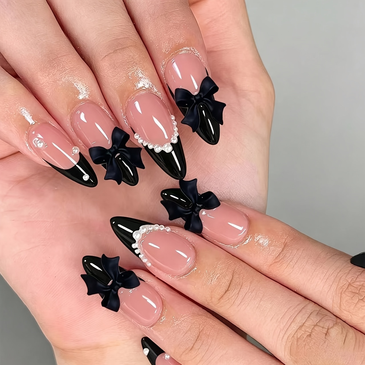TEMU 24pcs Almond-shaped Black Nail Art Set, With Black Bows And White Decorations, Includes 1 Nail File And 1 Sheet Of Jelly Glue, Suitable For
