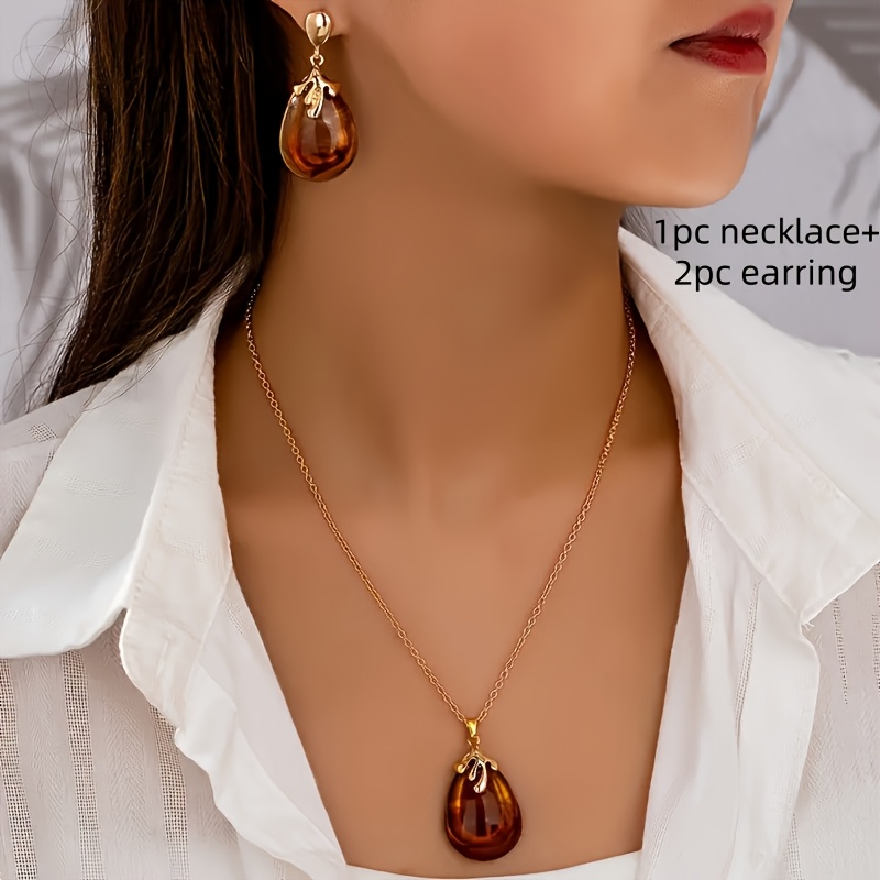 Image of 1pc Necklace And 2pcs Earrings Bohemian Fashion Easy Versatile Retro Teardrop Design Women's Earring Pendant Necklace Set Suitable For Parties, Banquets, Vacations, And Daily Wear