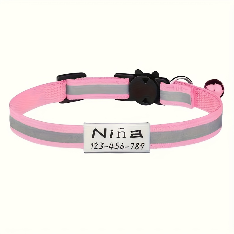 TEMU 1pc [personalized Cat Collar] Personalized Cat Collar With Reflective Strip - Custom Engraving Of Name And , Adjustable, Soft And , Vibrant