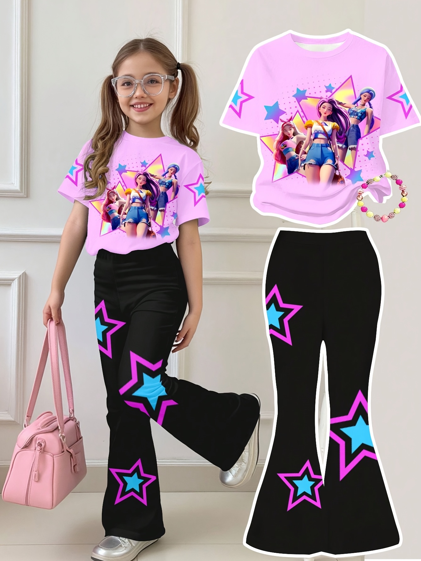 2pcs set for girls aged 1 6 featuring a cartoon print loose fit round neck short sleeve t shirt and flared pants suitable for spring and summer a casual daily outing outfit   outdoor