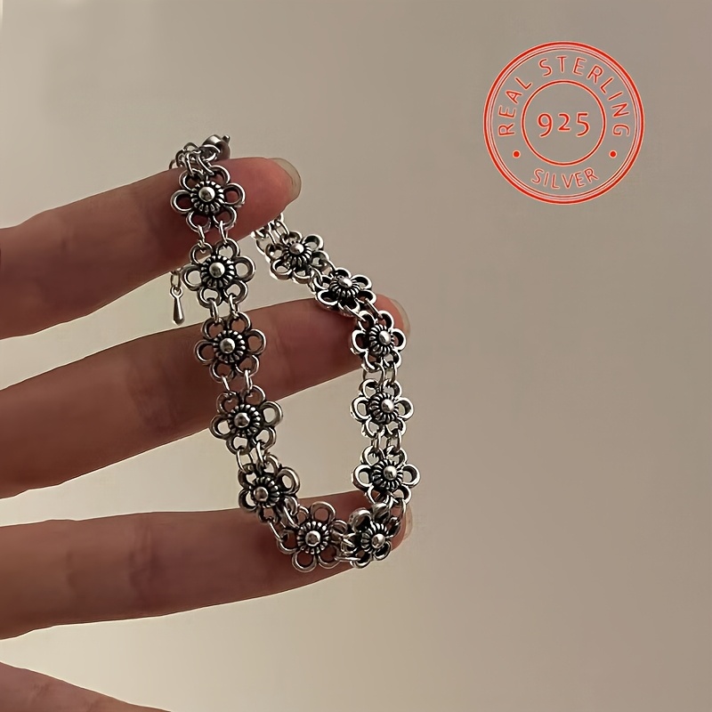 TEMU Vintage 925 Sterling Silver Retro Bracelet With Distressed Small, Chic Minimalist Jewelry, Perfect Gift For Girlfriend, Essential For Holidays,, Girlfriend's Best Friend