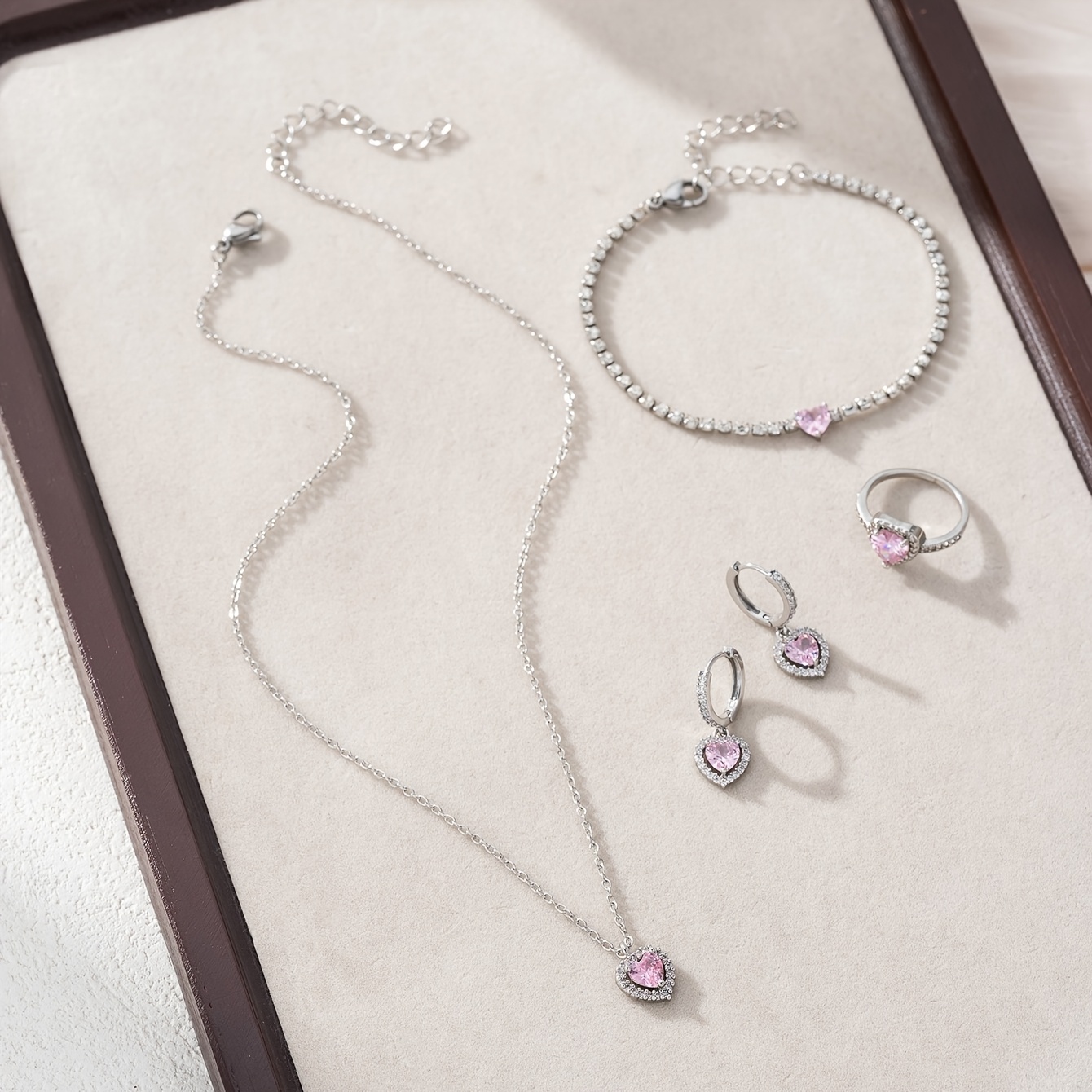 TEMU 5pcs Luxurious Synthetic Zirconia Inlaid Jewelry Set, Cute Pink Synthetic Zirconia Inlaid Earrings, Necklace, Ring, Bracelet Set, Suitable For