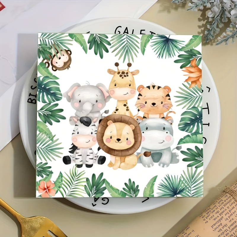 TEMU 20 serviettes à thème animalier de - Papier durable 2 plis avec des mignons de lion, éléphant, et tigre pour anniversaire, vacances, fêtes -