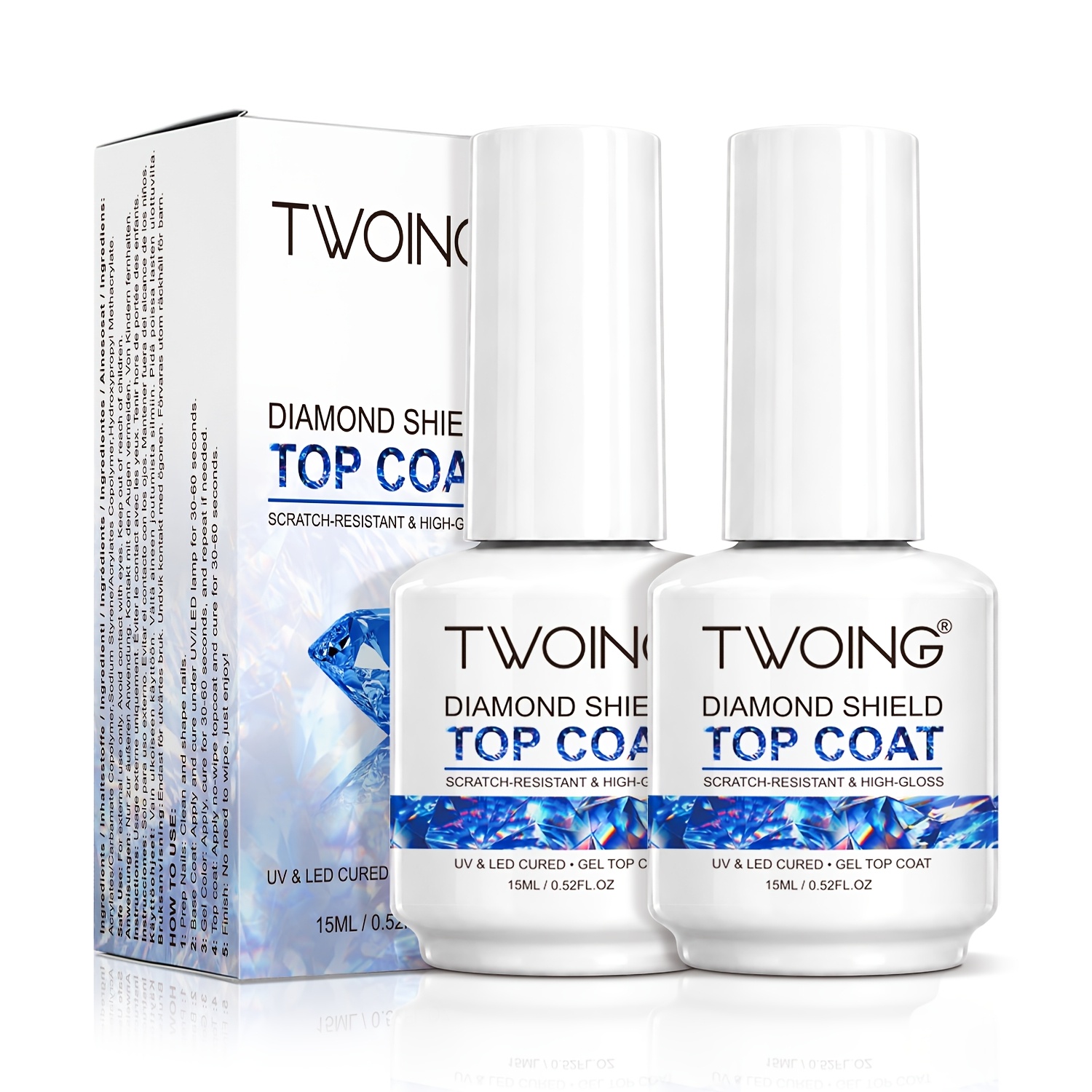 Twoing 2pcs Shine No-wipe Gel , 15ml Each, /led Soak-off Nail Gel, High-gloss, Long-lasting, Scratch-resistant Coat For Diy Manicure