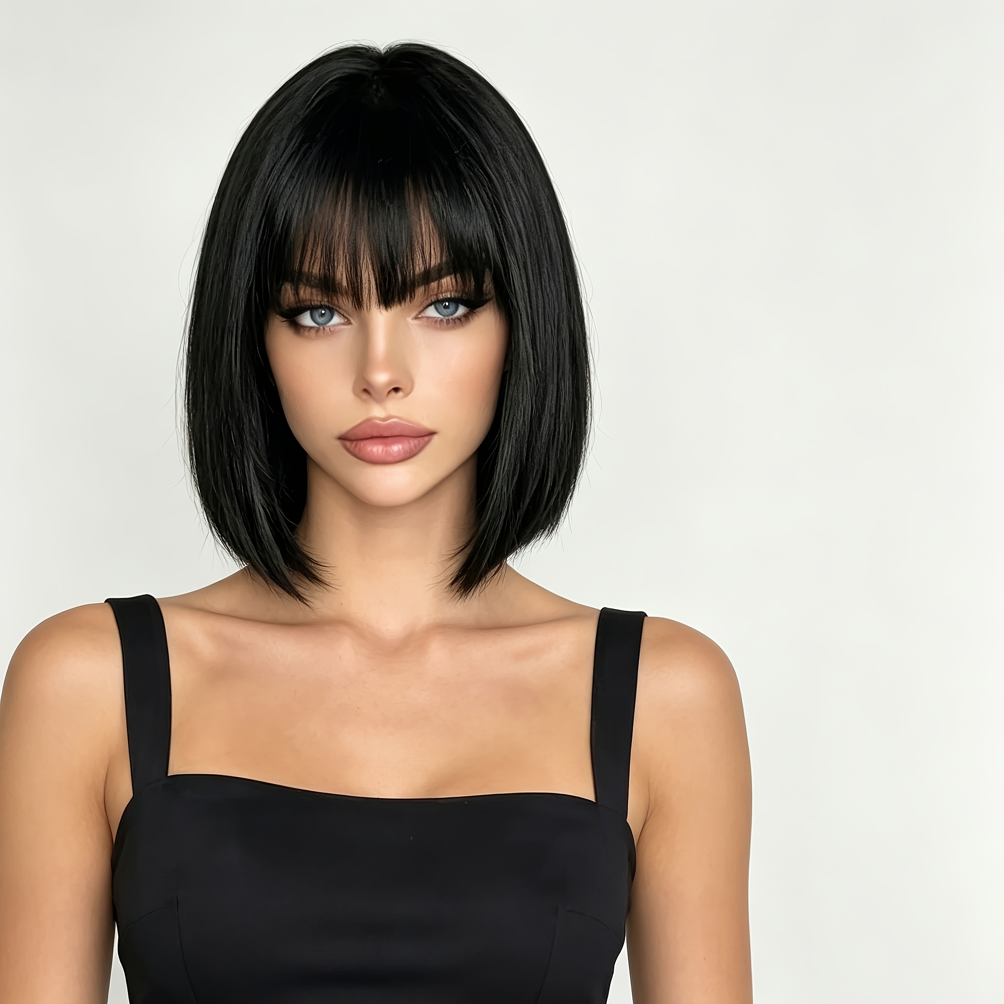 TEMU Women's 14-inch Short Bob Wig With Bangs Suitable For Daily Wear, Photography, Parties & Cosplay - Adjustable Breathable , Straight Synthetic