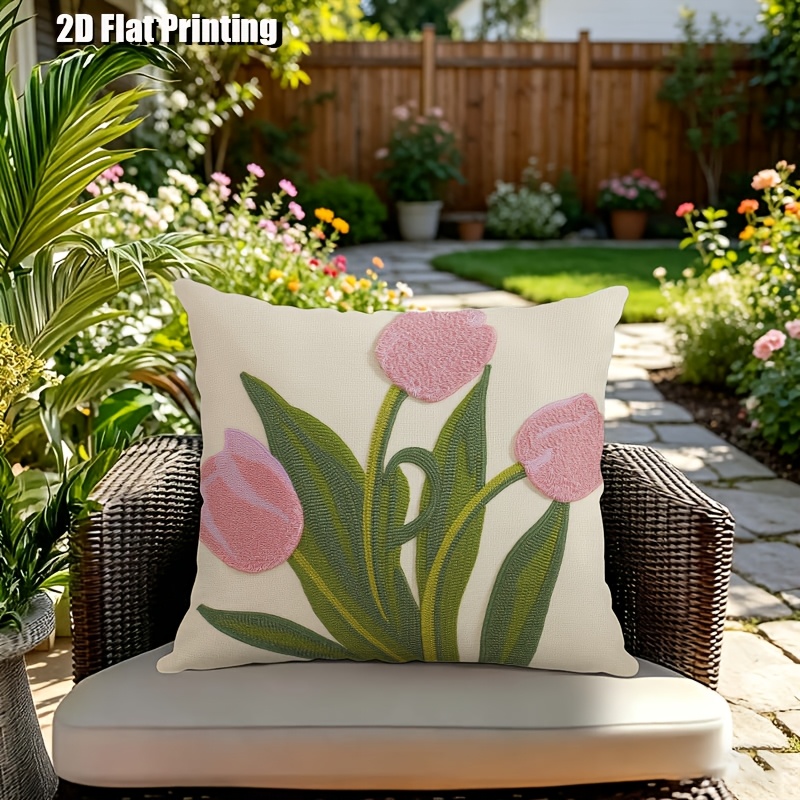 2D Flat,Terrace Cushion Cover,1pc 18X18 Inches Quare Pillow Cover, Embroidery Features Three Pink Tulips with Green Leaves and Stems.,Decoration, Gifts,Valentine Festival Gifts,Outdoor Indoor,Garden Decoration, 2D Flat