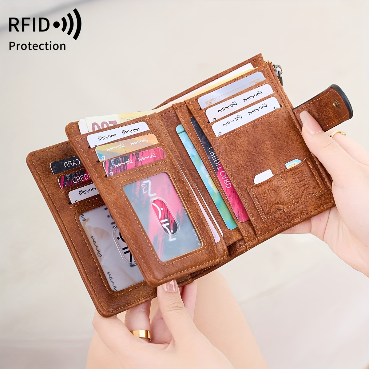 

Miyin Vintage Women's Trifold Wallet, Leather With Rfid Protection, Snap Closure, Polyester Lined, Coin Pocket, Multi-card Slots, Credit Card Compartment,