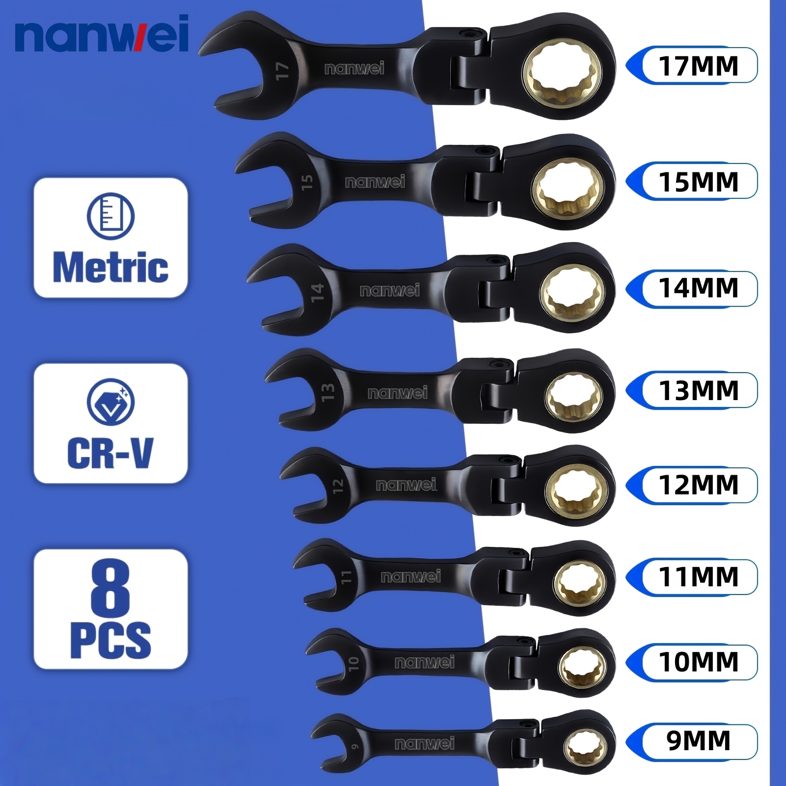 TEMU A Set Of 8 Mini Ratchet Wrenches That Can Swivel 180°, Featuring Metric Sizes Of 9, 10, 11, 12, 13, 14, 15, And 17mm, With 72 Teeth. Ideal For