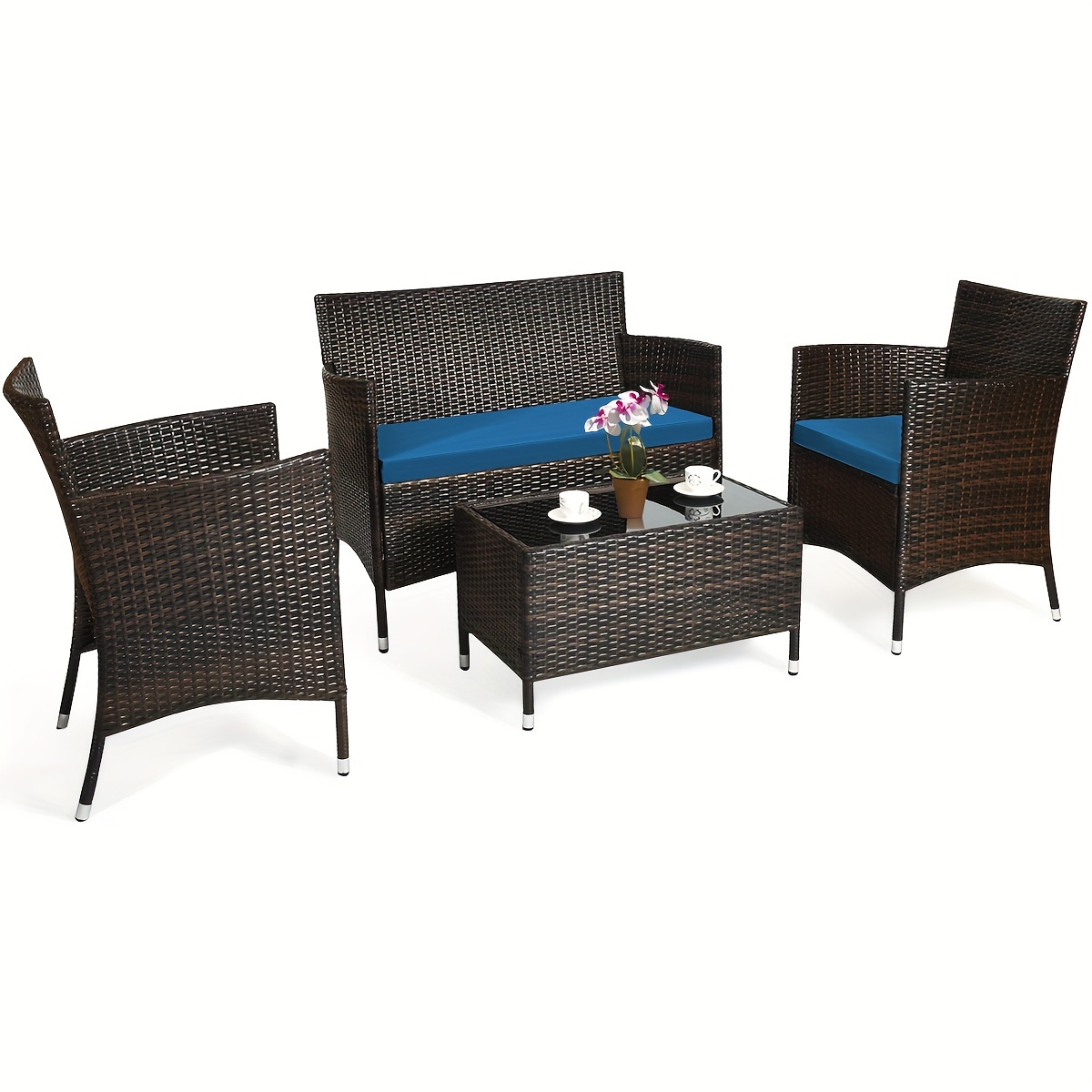 4pcs Rattan Patio Furniture Set Cushioned Sofa Chair Coffee Table Peacock Blue $150.29