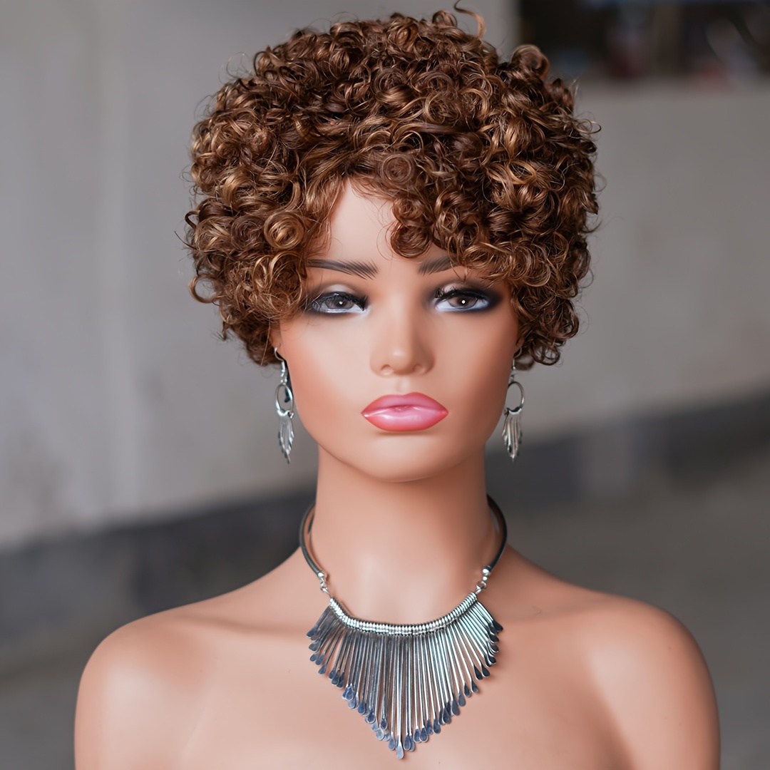 

6inch Short Curly Wigs For Women None Lace Front Human Hair Wigs With Bangs 180% Density Machine Made Pixie Cut Curly Wave Wigs P4/27