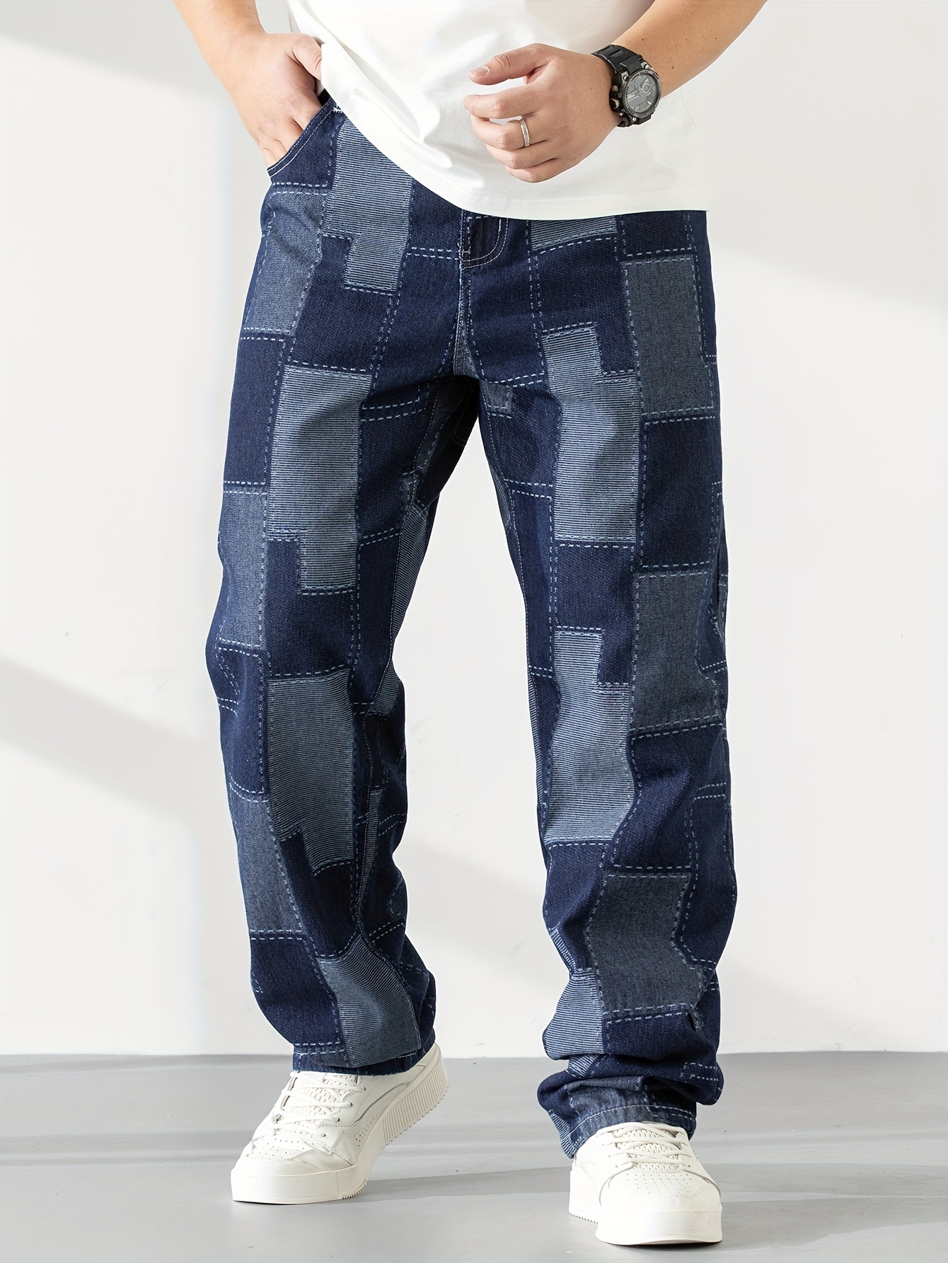 Men's Casual Checkered Straight-Leg Denim Pants - Loose Fit, Blend, Geometric Pattern, All-Season Wear, PLUS SIZE