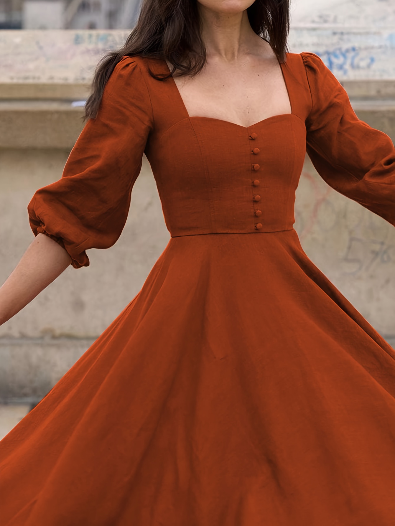 a line dress heart neckline 3 4 puff sleeves solid color - Temu Cyprus