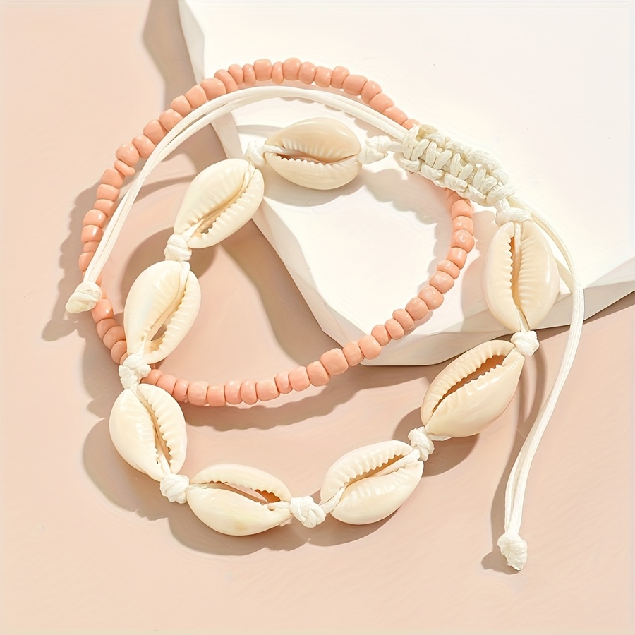 Boho Shell & Rice Bead Anklet Bracelets, Beach Jewelry