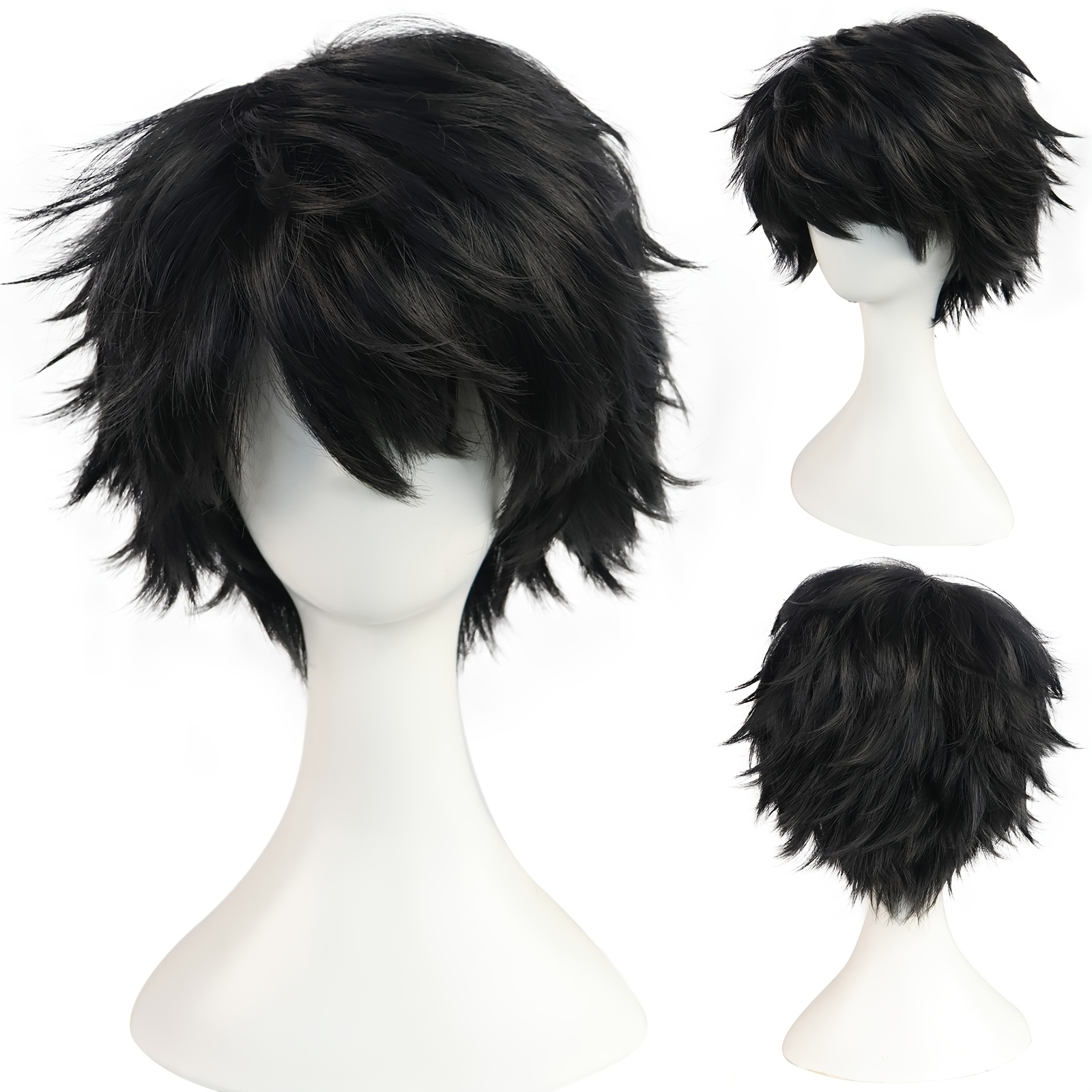 Anime Style Synthetic Wig for Men, Straight Black Viscose Hair, Heat Resistant, Rose Net Cap, High Temperature Fiber, Cosplay Costume Accessory for Halloween, Christmas, Thanksgiving, Music Festivals