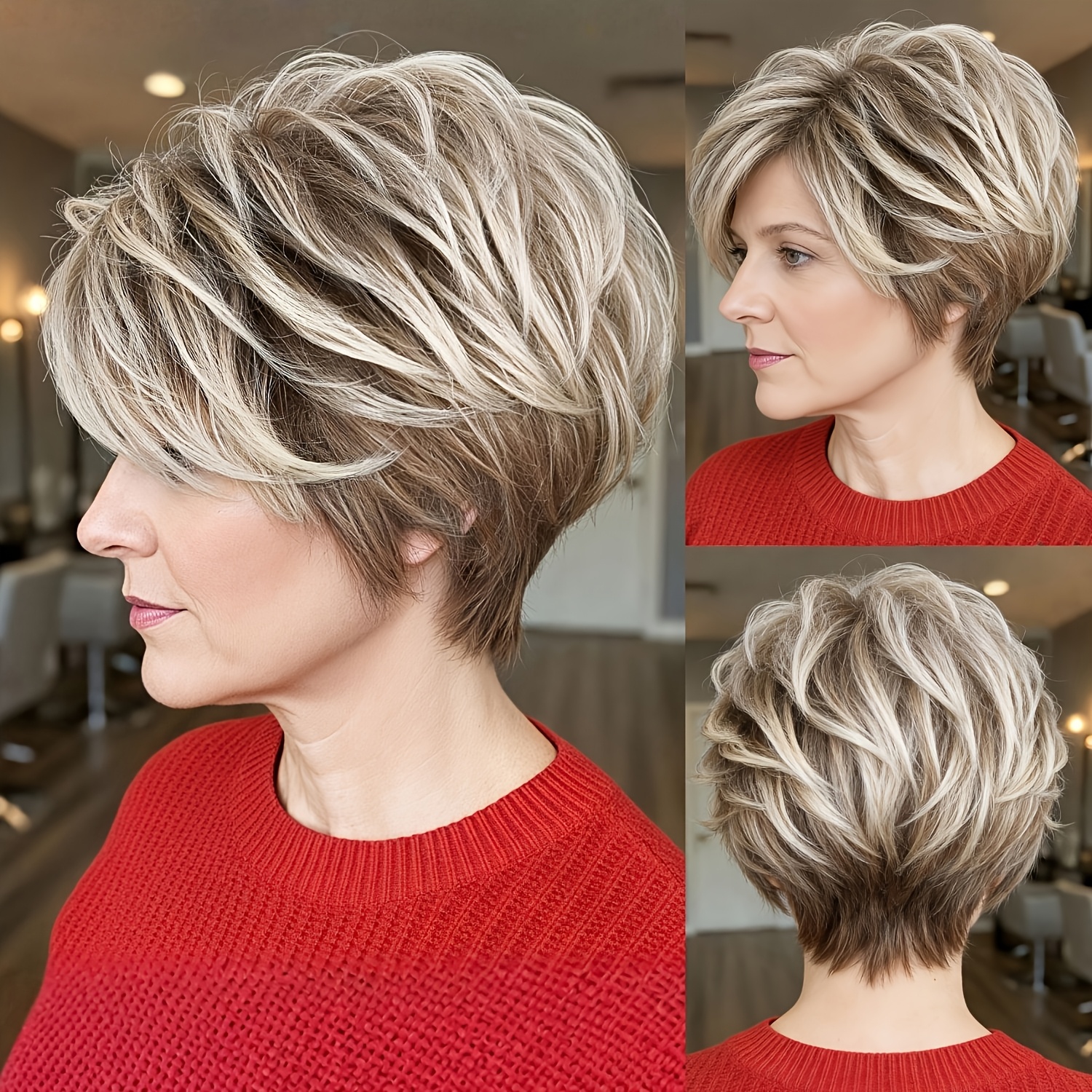 TEMU Parrucche a Taglio per Donne, a Liscia Marrone Biondo, Parrucche Sintetiche Qualit�, Taglio di Capelli Corto, Fibra Resistente al Calore, Uso ,