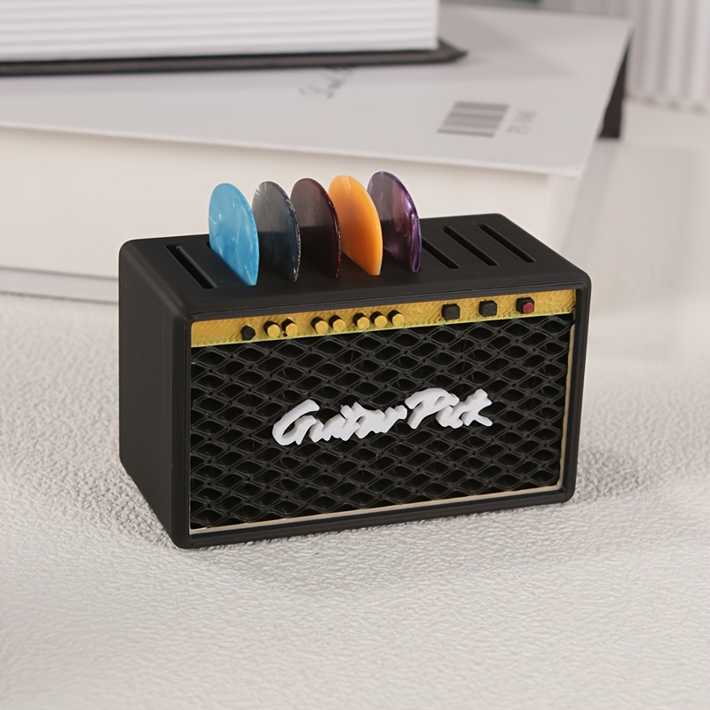 E-shop 2025 Neu 1x Gitarrenplektrum-Aufbewahrungsbox + 5x Plektren, Zufällige Farbe 0,96 mm Dick, Lautsprecher-Design Mehrfachfach-Organizer, Tragbarer