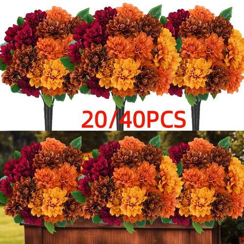 item picture 20pcs 40pcs artificial fall flowers faux mums suitable for outdoors realistic dahlia for indoor outdoor table centerpieces plastic dahlia for wedding thanksgiving year round decoration