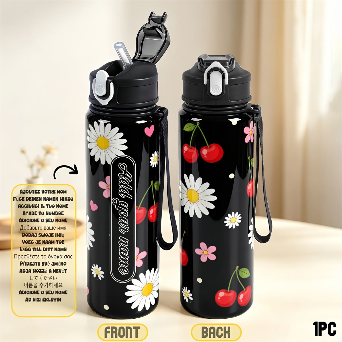 TEMU 1pc, Personalized 25oz/750ml Bottle With Custom Name Leak-proof Cute Cartoon Dino Sports Water Bottle For Women Men Birthday Graduation