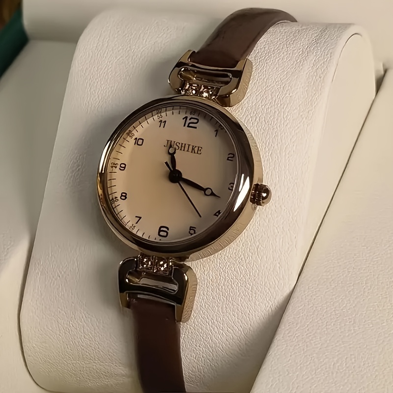 Elegant Vintage Women'S Quartz Watch with Brown Faux Leather Strap, Golden-Tone Alloy Case, Arabic Numerals, and Minimalist Design - Perfect for Casual Attire, Casual Watch|Elegant Timepiece|Goldtone Case, Watch Accessories