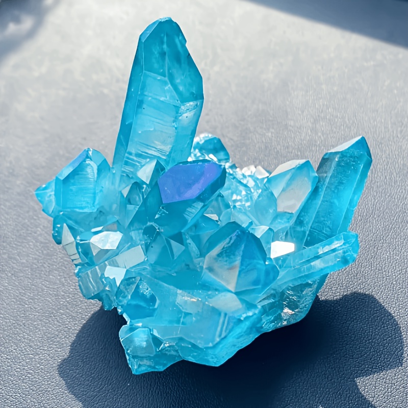 TEMU 1pc Gorgeous Rare Sky Blue Aura Quartz Cluster Color Light, Blue Color Titanium Coated Natural Cluster, Stunning Blue Quartz Cluster Ornament