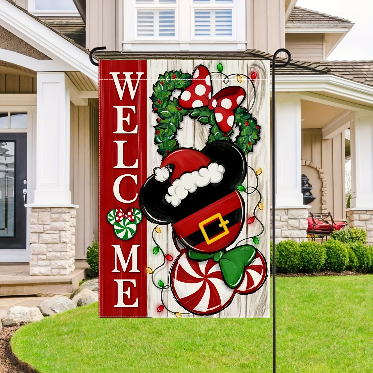 

Welcome Christmas Garden Flag - Double-sided, Durable Polyester, Santa & Wreath Design, Perfect For Outdoor Holiday Decor, 12x18 Inches