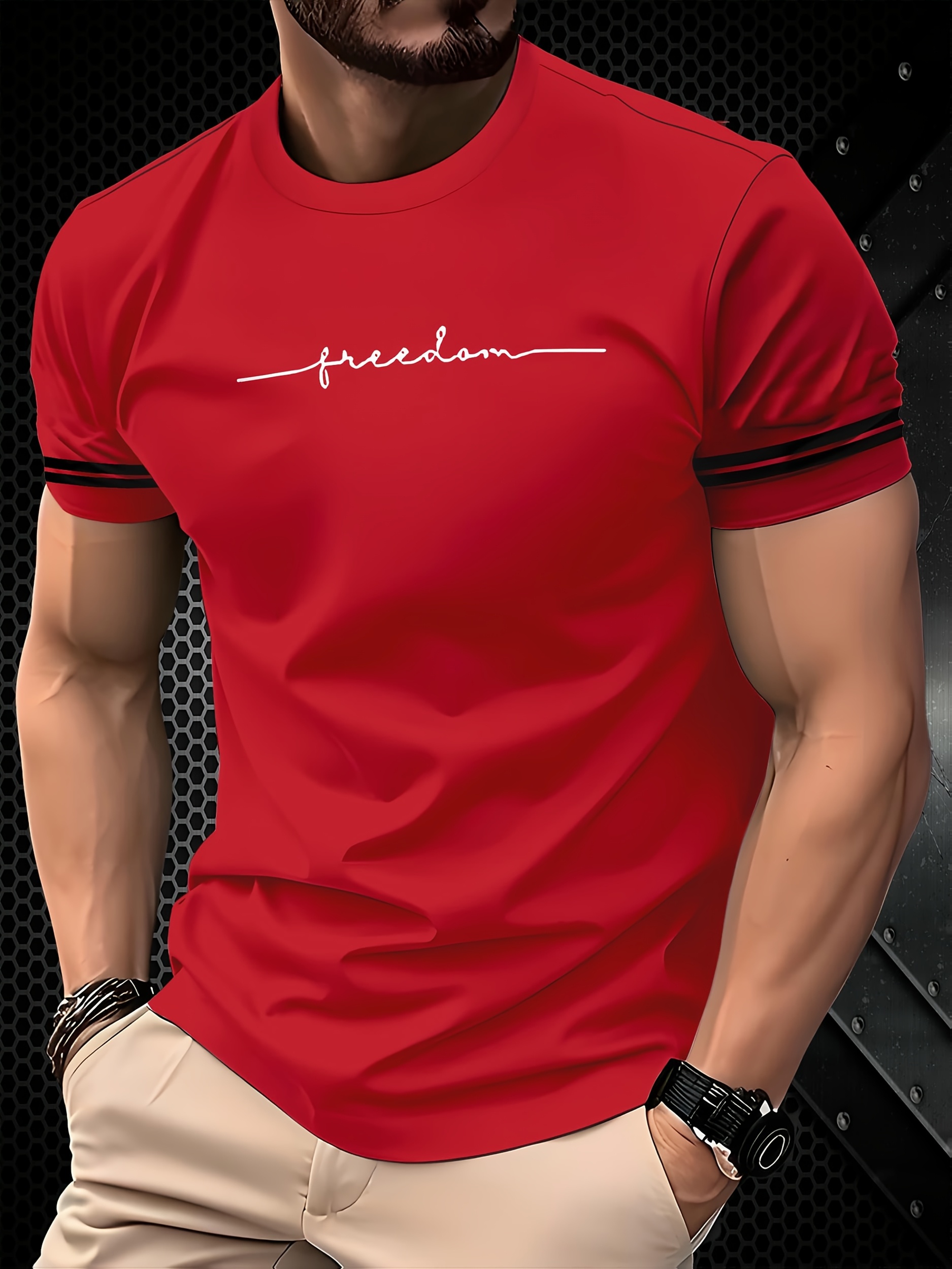 Men's 3D Printed Freedom Script Casual T-Shirt - Summer Short Sleeve Round Neck Tee, Breathable Regular Fit, Machine Washable for Outdoor & Casual Attire