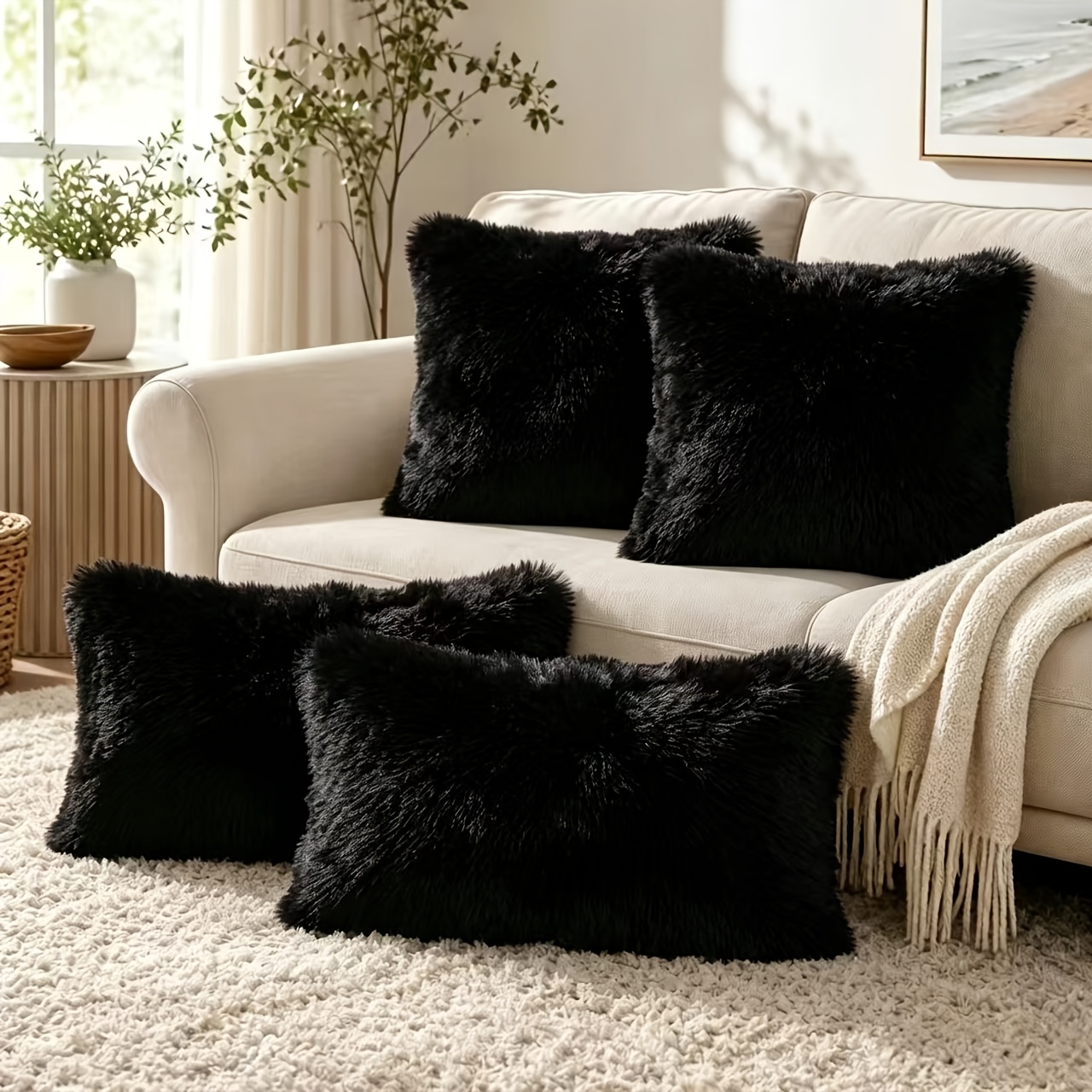 TEMU 4pcs Fluffy Throw Pillow Covers, Assorted Sizes 40x40cm & 30x50cm, Soft Plush Cushion Cases For Sofa Bedroom Living Room Decor, No Inserts