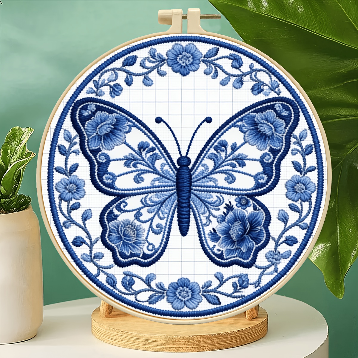 TEMU 1 Set Embroidery Kit, Blue And White Porcelain , Handmade Diy Material Pack, Complete Tools For Beginners, Animal, Home Decor, Stress- Creative