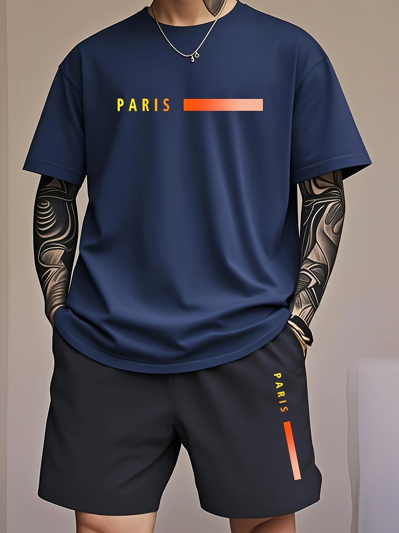 Paris Gradient Letter Print Men's Two-Piece Set: Crew Neck Short Sleeve T-Shirt and Drawstring Shorts Summer Casual Sportswear