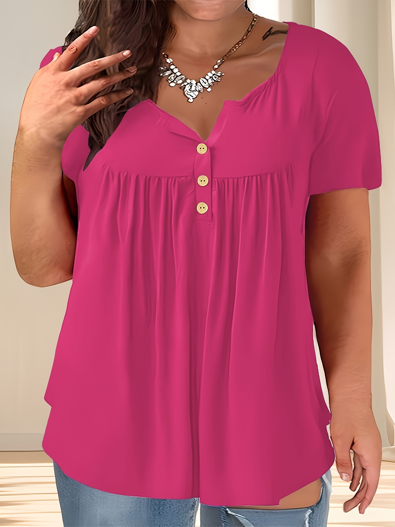 Women'S Plus Size Casual Buttoned Pleated T-Shirt, Summer Knit Fabric Top, Crew Neck, Solid Color, Slight Stretch, Oversized Pullovers, Polyester 95% Spandex 5% - Navy Blue