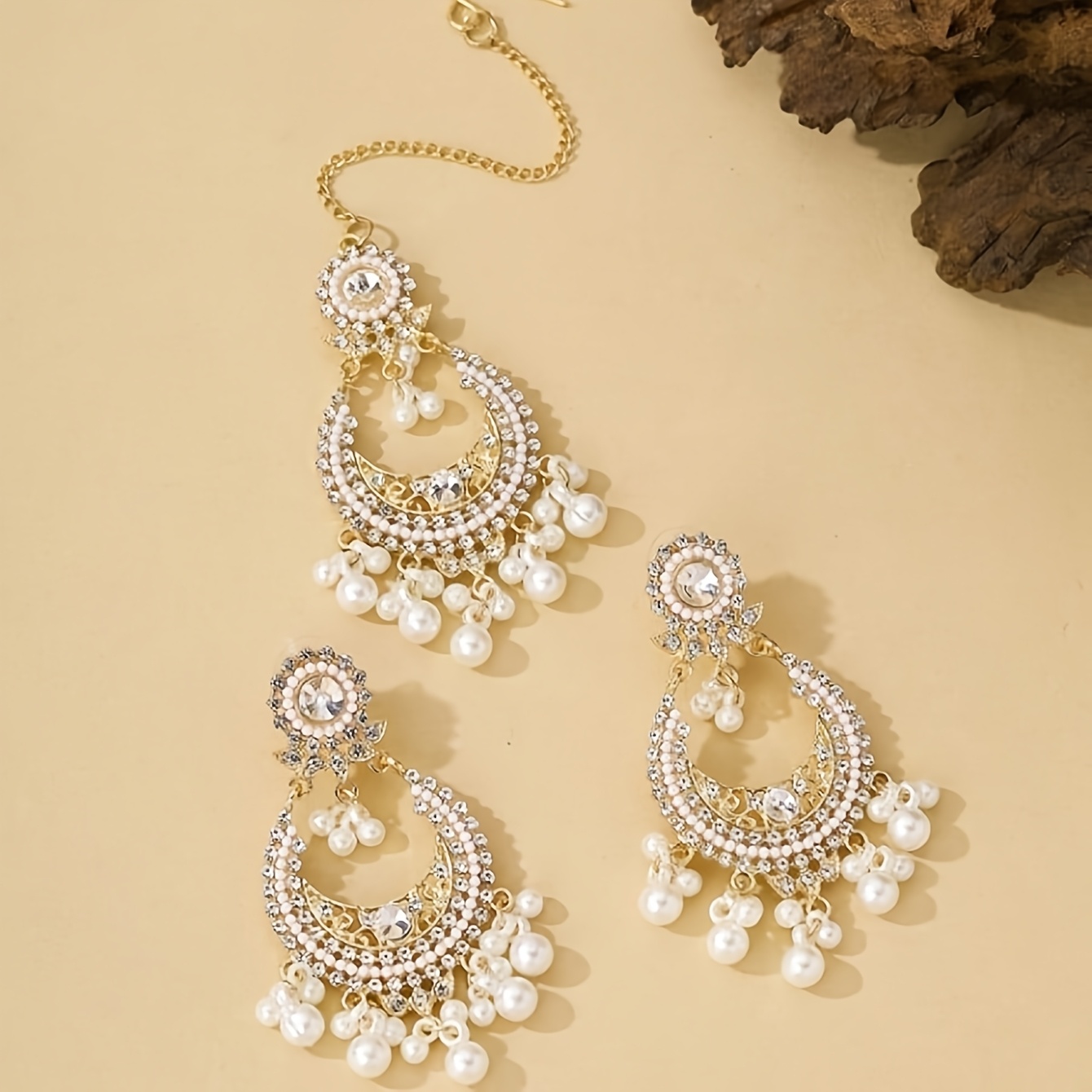TEMU Nouvel ensemble de 3 pièces de boucles d'oreilles de luxe léger de style bohème ethnique du Moyen- : boucles d'oreilles, chaîne frontale et