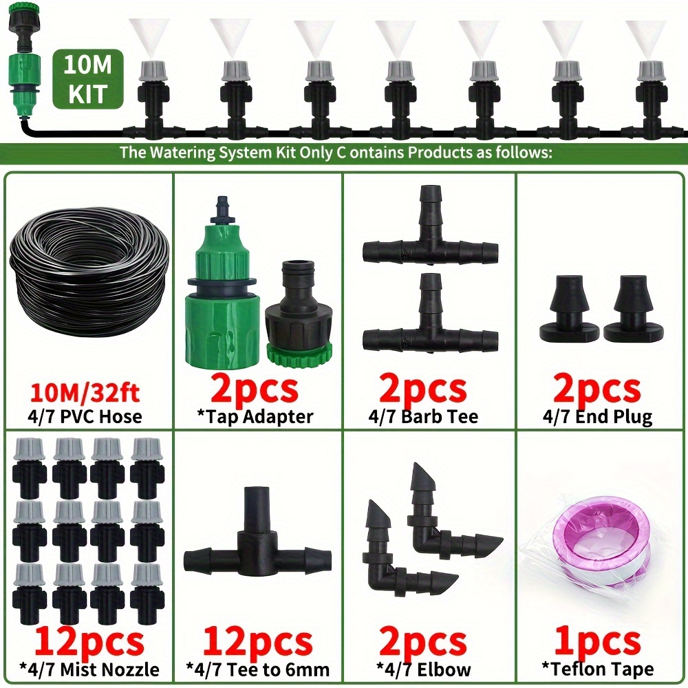 Image of 10-20m Automatic Watering Irrigation System Portable Misting Fog Nozzles Garden Hose Spray Head W/ 4/7mm Tee Connector For Patio